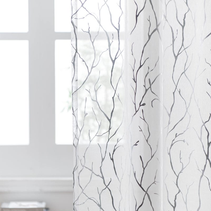 Kotile Silver White Sheer Curtains 84 Inches Long - Printed Classy Silver Tree Branch Curtains for Bedroom Grommet Top Window Tree Curtains for Living Room, 52 x 84 Inch, 2 Panels, Silver and White - Image 3